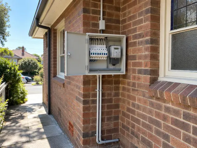 Exterior brick wall with open electrical switchboard cabinet and meter beside a window in Naremburn